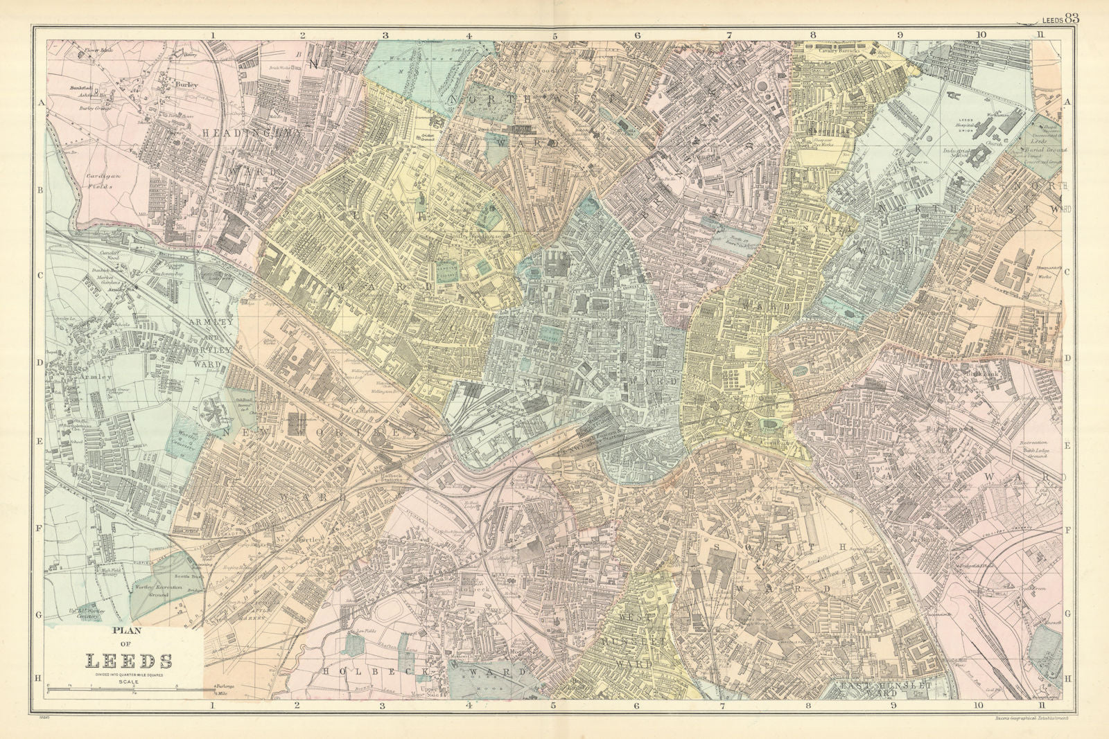 LEEDS Holbeck Wortley Headingley Brunswick Hunslet town city plan BACON 1898 map